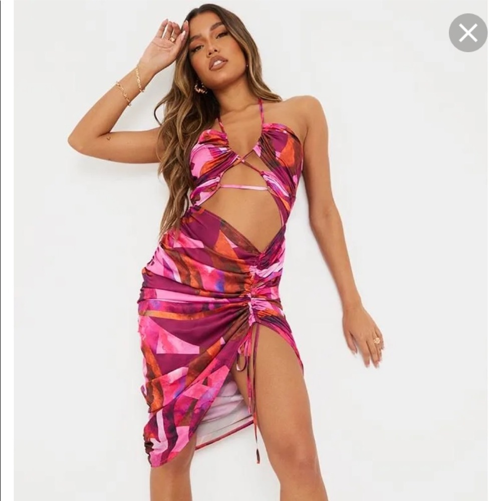 Pretty Little Thing pink printed satin dress